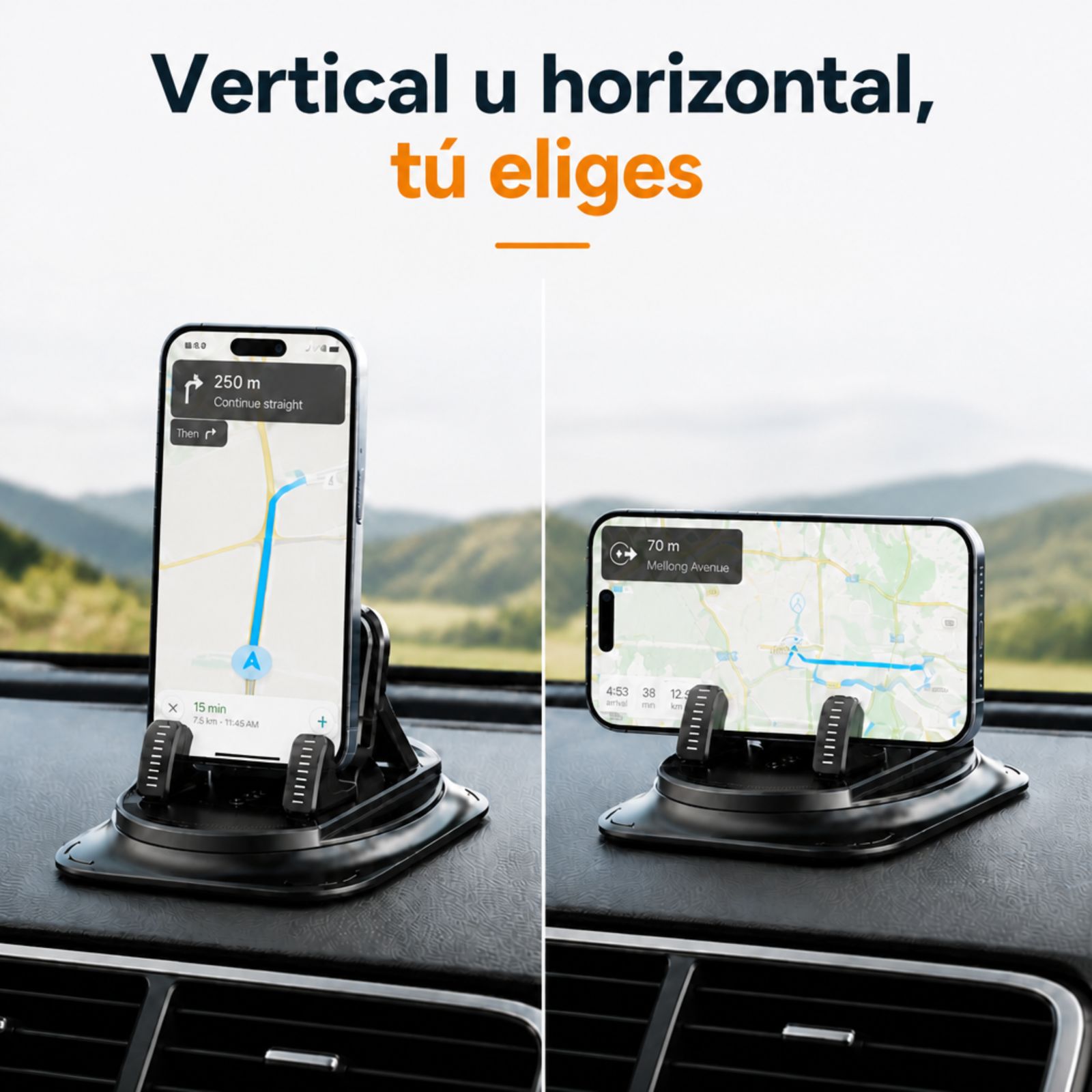 El mismo soporte con el celular en vertical y en horizontal