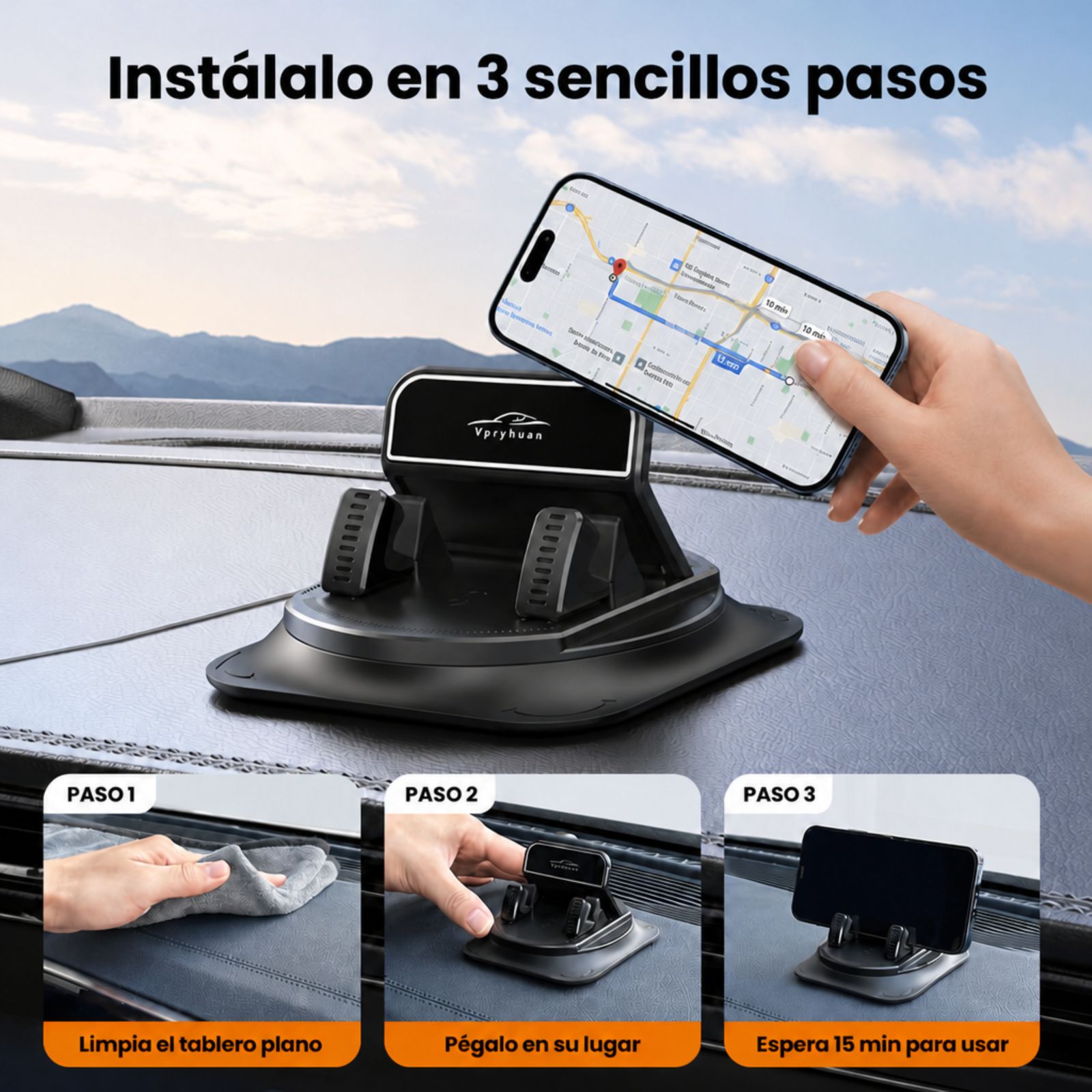 Mano colocando el celular en el soporte ya instalado en el tablero
