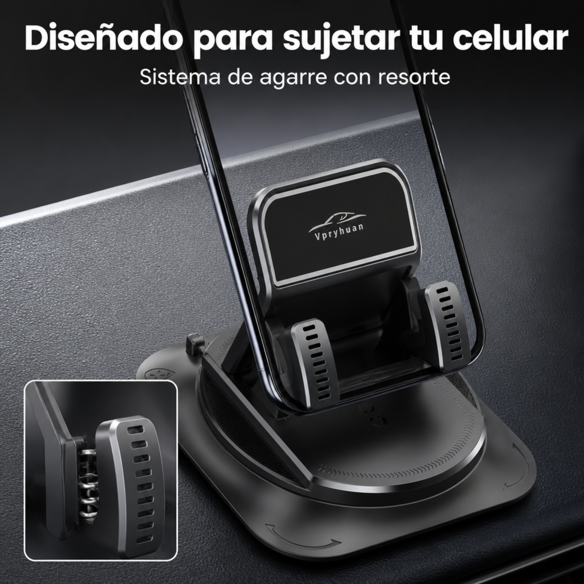 Las pinzas con resorte del soporte de cerca, sujetando un celular
