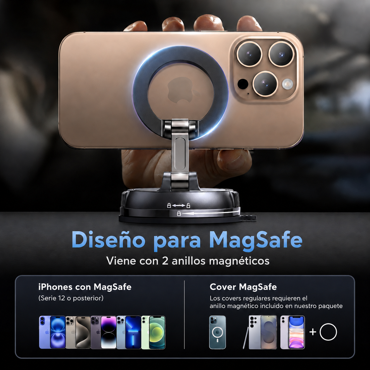 Snap Grip 360 | Soporte Magnético MagSafe para Carro con Base de Succión y Ajuste 360