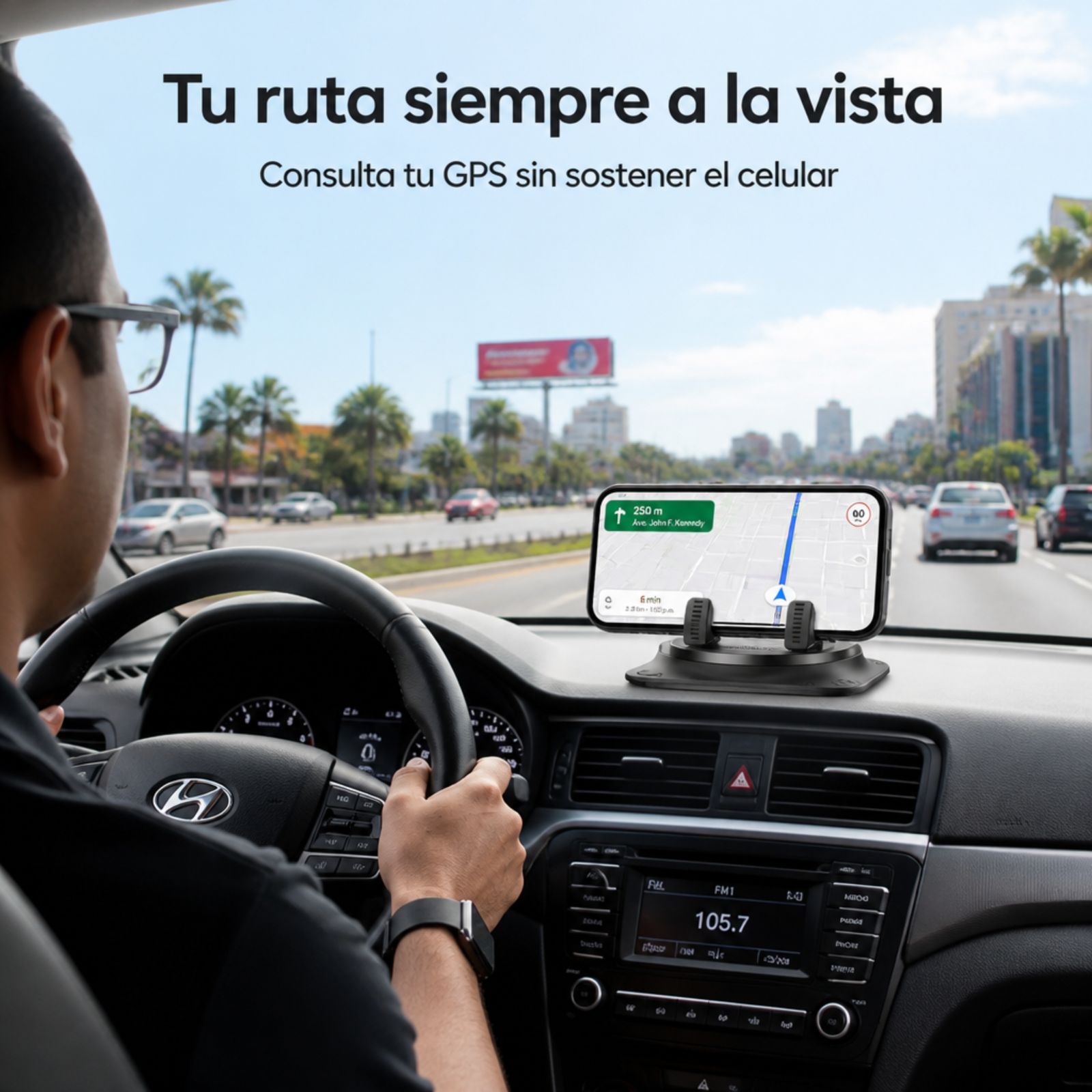 Conductor en la ciudad con el celular en el soporte mostrando la ruta